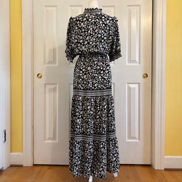 Max Studio Black/White Floral Print Ruffled Collar Tiered Maxi Dress Size 1X - Picture 8 of 12